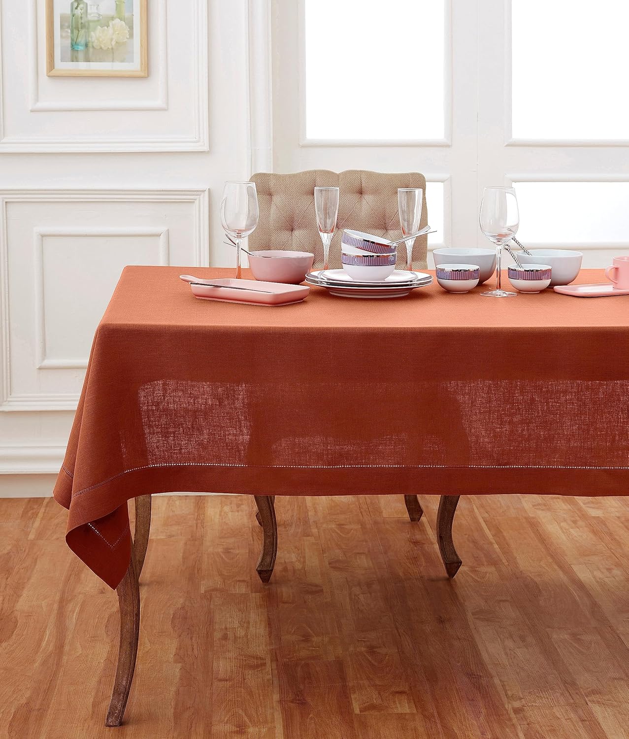 Solino Home Linen Cinnamon Tablecloth 60 x 132 Inch - Classic Hemstitch, 100% Pure Linen Rectangular Tablecloth - Machine Washable Table Cloth for Fall, Autumn, Halloween, Thanksgiving