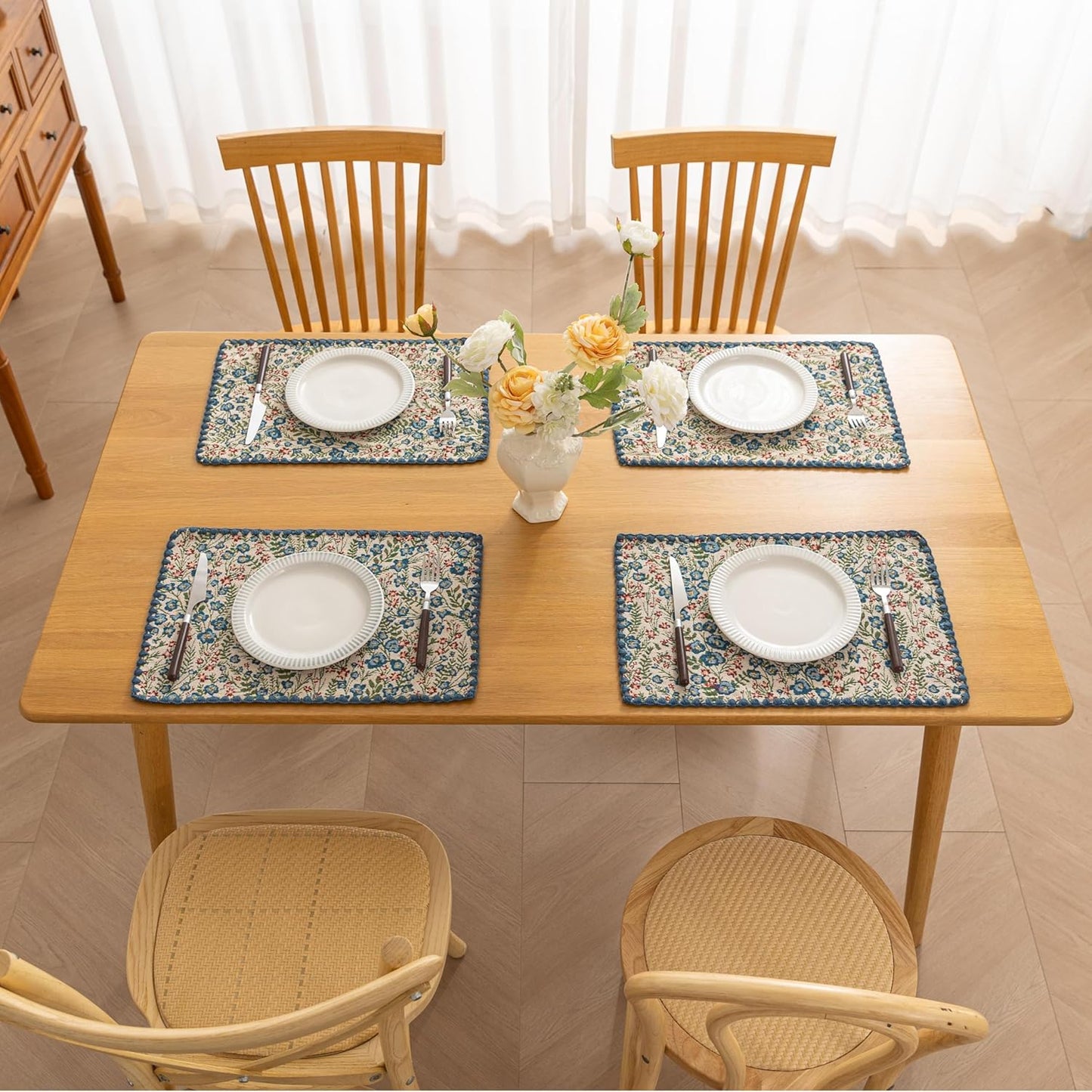 Boho Embroidery Table Runner Accessories Set of 6 Flower Fall Kitchen Dining Table Decoration for Home Party Decor 13x18inch
