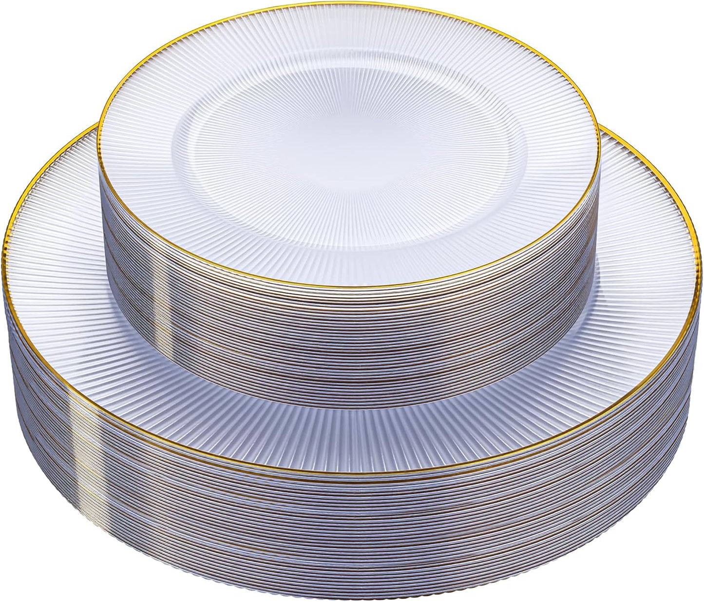 Hioasis 60pcs Clear Gold Plastic Plates - Gold Disposable Dinnerware Set, 30pcs Dinner 10.25in & 30pcs Dessert 7.5in Plates with Striped Designs for Party & Wedding