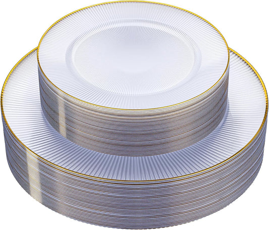 Hioasis 60pcs Clear Gold Plastic Plates - Gold Disposable Dinnerware Set, 30pcs Dinner 10.25in & 30pcs Dessert 7.5in Plates with Striped Designs for Party & Wedding