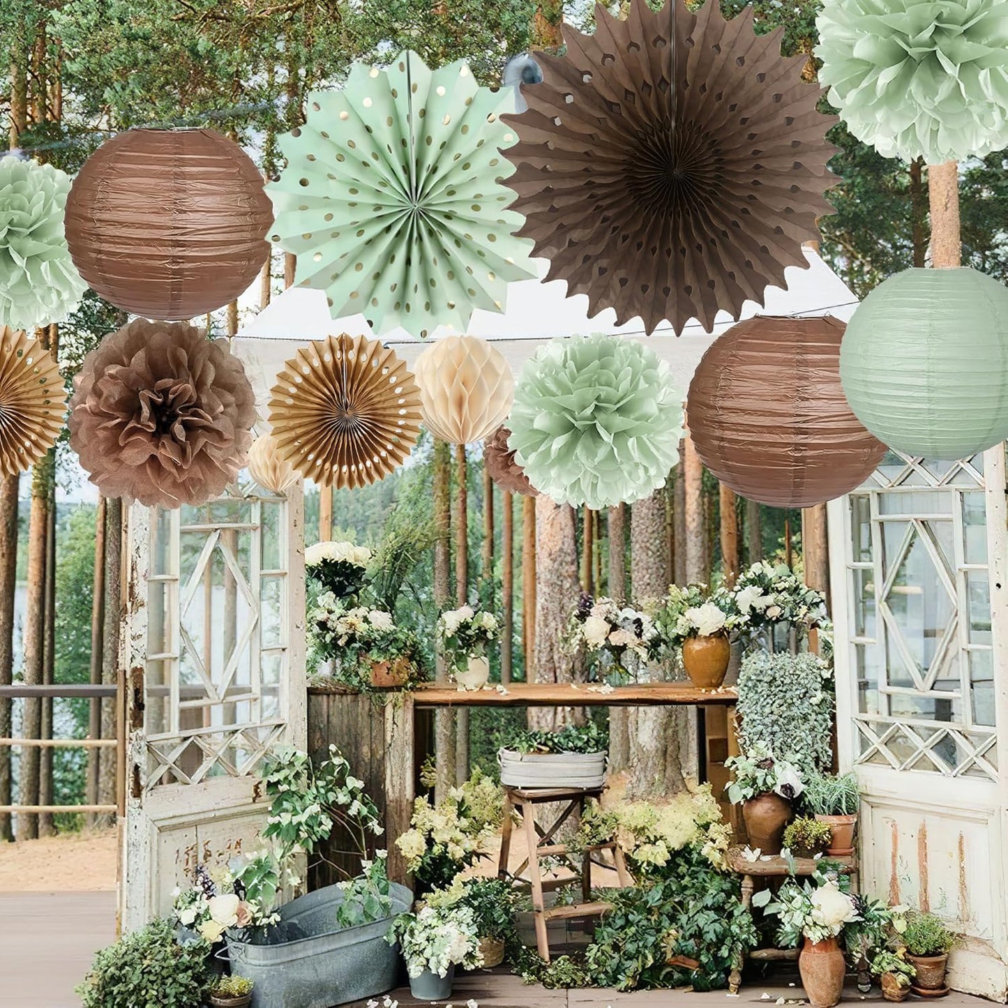 Sage Green and Brown Party Decorations Sage Green and Brown Paper Fans Paper Lanterns Pom Poms Flowers for Baby Shower Birthday Wedding Engagement Party