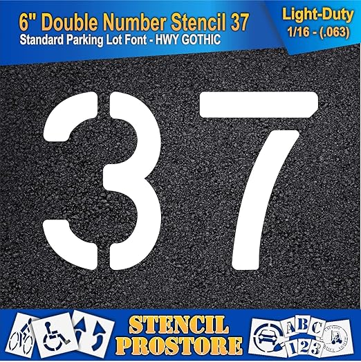 Pavement, Curb, and WheelStop Stencils - 6 inch Double Number Stencil - (37) - 6" x 9" x 1/16" (63 mil) - Light-Duty
