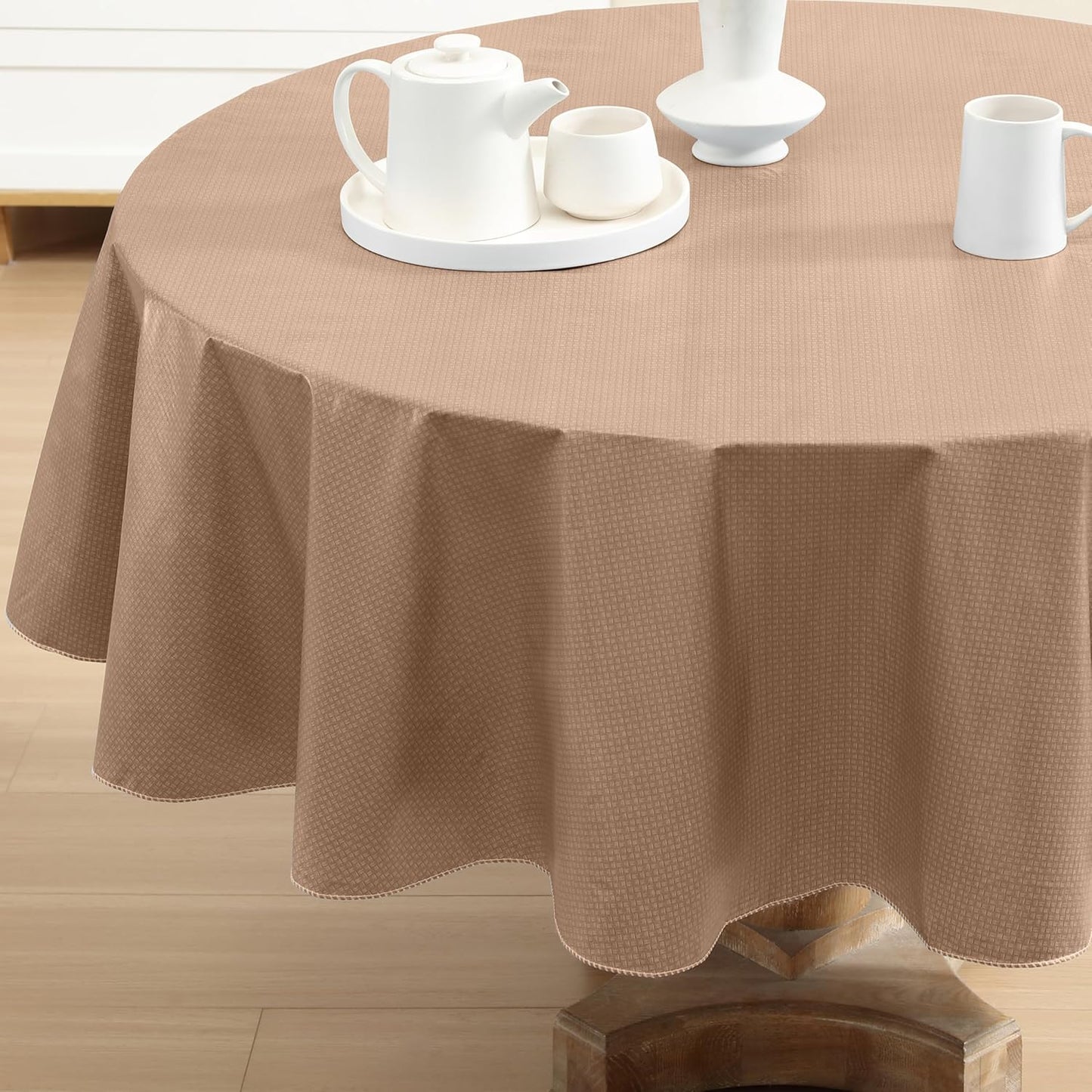 Newbridge Basketweave Vinyl Flannel Backed Tablecloth, 70 Inch Round, Taupe, Basket Weave Textured Indoor Outdoor Waterproof Table Cover for Patio, Kitchen, Dining