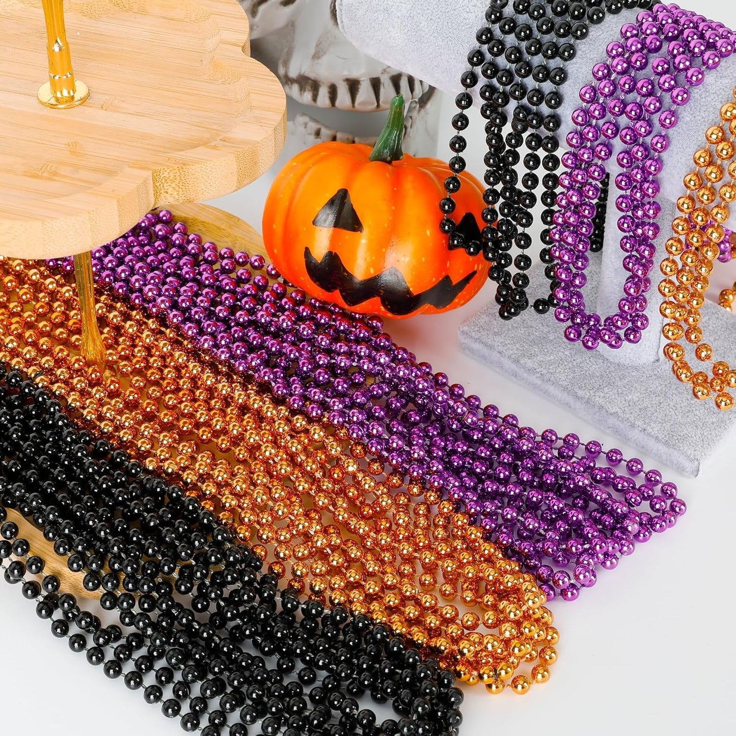 100PCS Halloween Beads, Purple Black Orange Bead Party Favors, 33" Halloween Toy Necklaces Accessories, Festival Parade Throw Accessories for Trick or Treat Decorations