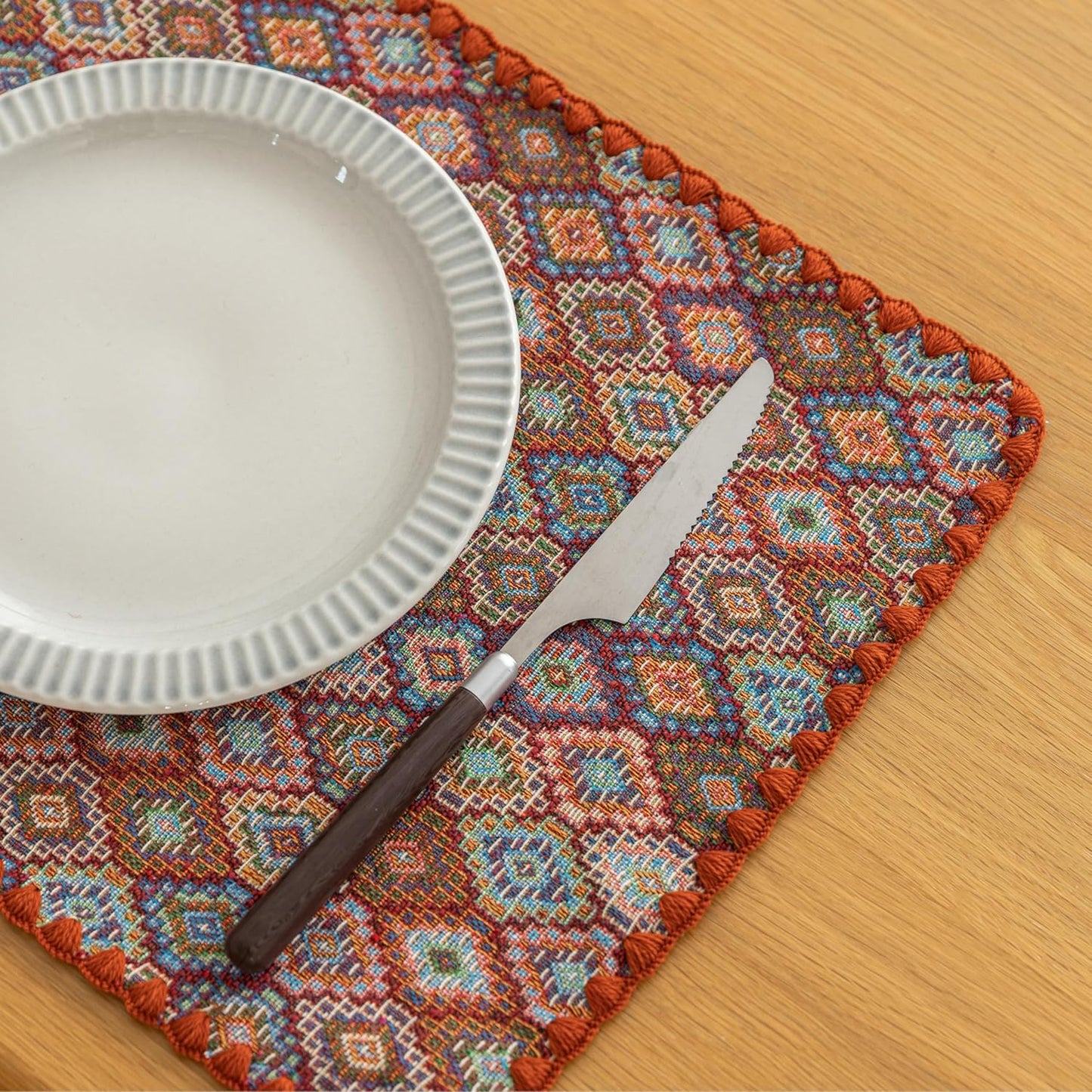 Boho Embroidery Table Runner Accessories Set of 6 Geometry Fall Kitchen Dining Table Decoration for Home Party Decor 13x18inch