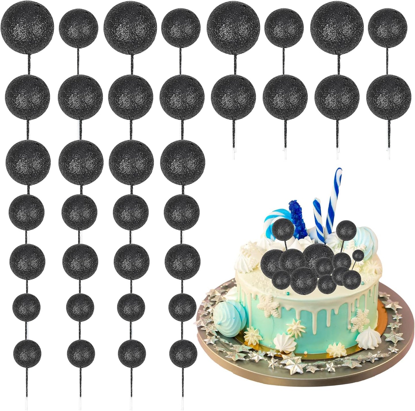 30Pcs Mini Balloon Cake Topper Glitter Foam Ball Cake Picks Decorations Faux Pearl Balls DIY Cake Insert Topper Baking Decoration for Baby Shower Wedding Anniversary Birthday Party Supplies Black