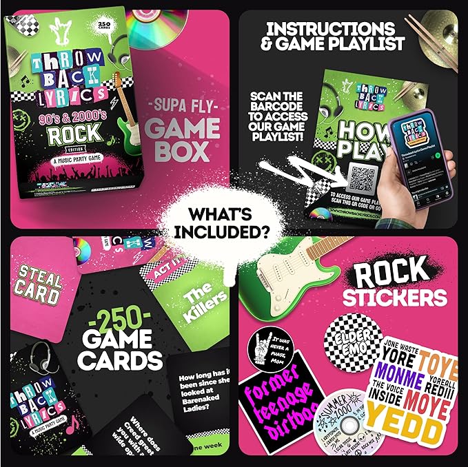 Throwback Lyrics The 90s & 2000s Rock Music Trivia Game with Charades | Finish The Lyrics + Steal Cards | Includes Playlist & Stickers | Adult Party Game Night- 250 Cards