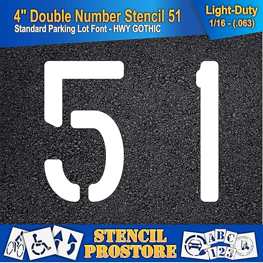 Pavement, Curb, and WheelStop Stencils - 4 inch Double Number Stencil - (51) - 4" x 4" x 1/16" (63 mil) - Light-Duty