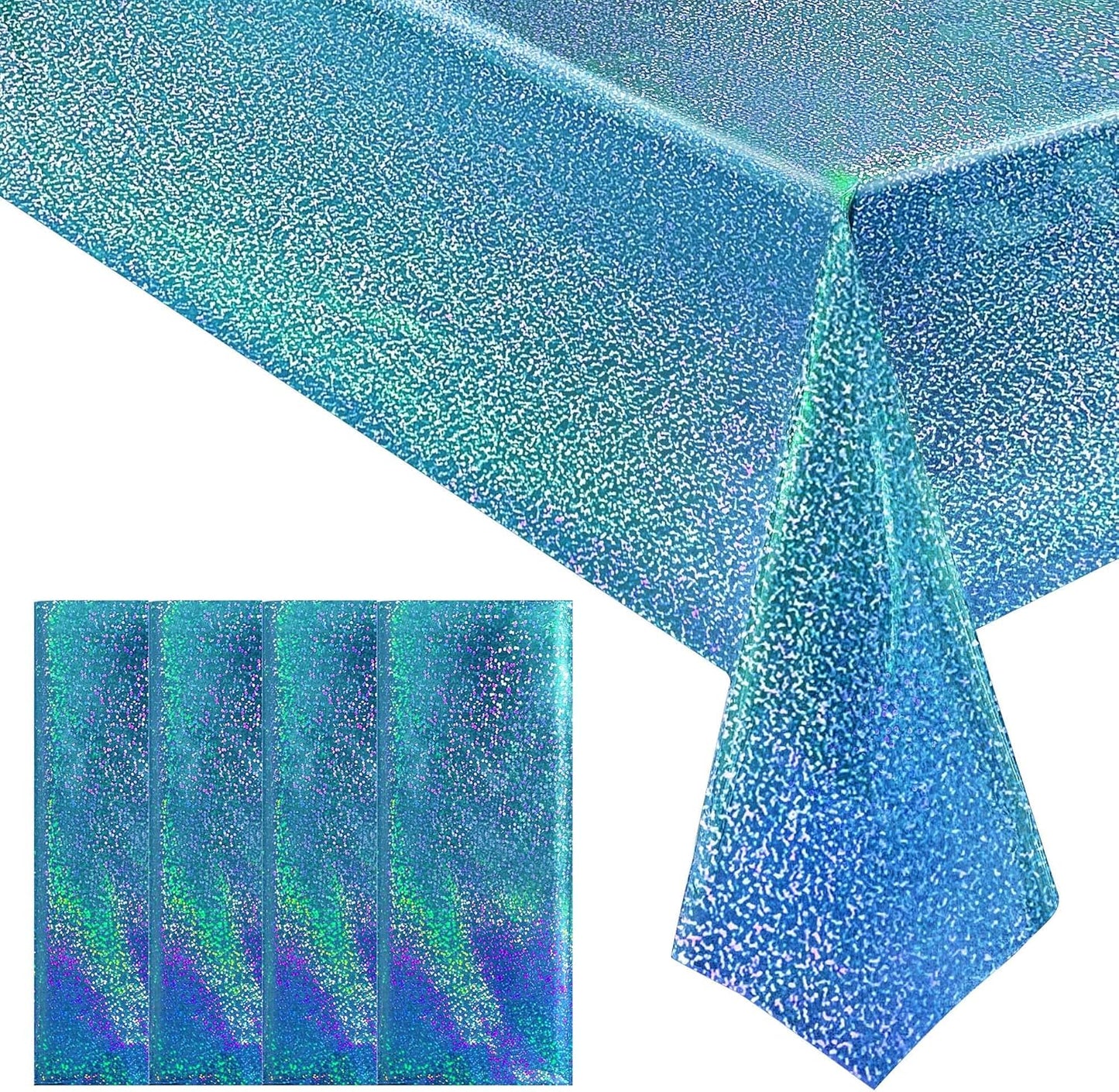 4pcs Blue Holographic Laser Tablecloths 40" x 108" Plastic Table Cloths for Parties Shimmer Shiny Party Decoration for Winter Ocean Princess Birthday Party Wedding Baby Shower Christmas Decor