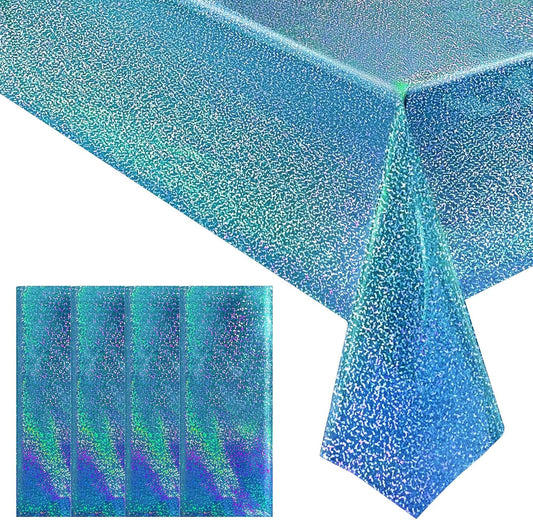 4pcs Blue Holographic Laser Tablecloths 40" x 108" Plastic Table Cloths for Parties Shimmer Shiny Party Decoration for Winter Ocean Princess Birthday Party Wedding Baby Shower Christmas Decor