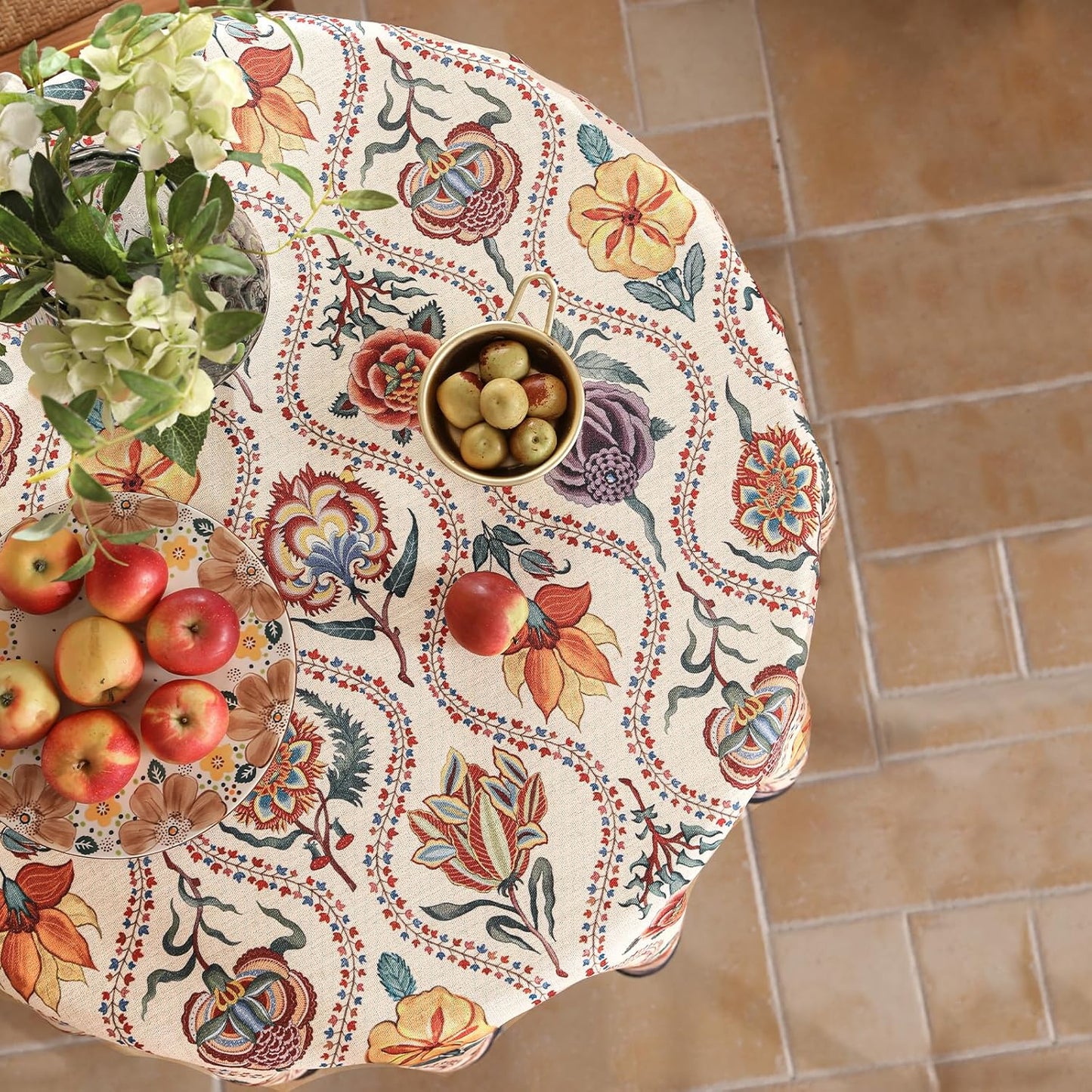 Vintage French Round Tablecloth,Linen Extra Long Tablecloth with Rose and Cornflower Pattern,Decorative Table Cover for Kitchen,Dining,Thanksgiving,Christmas,Party,Diameter 67"-Lanae