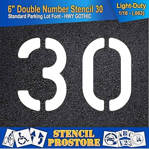 Pavement, Curb, and WheelStop Stencils - 6 inch Double Number Stencil - (30) - 6" x 9" x 1/16" (63 mil) - Light-Duty