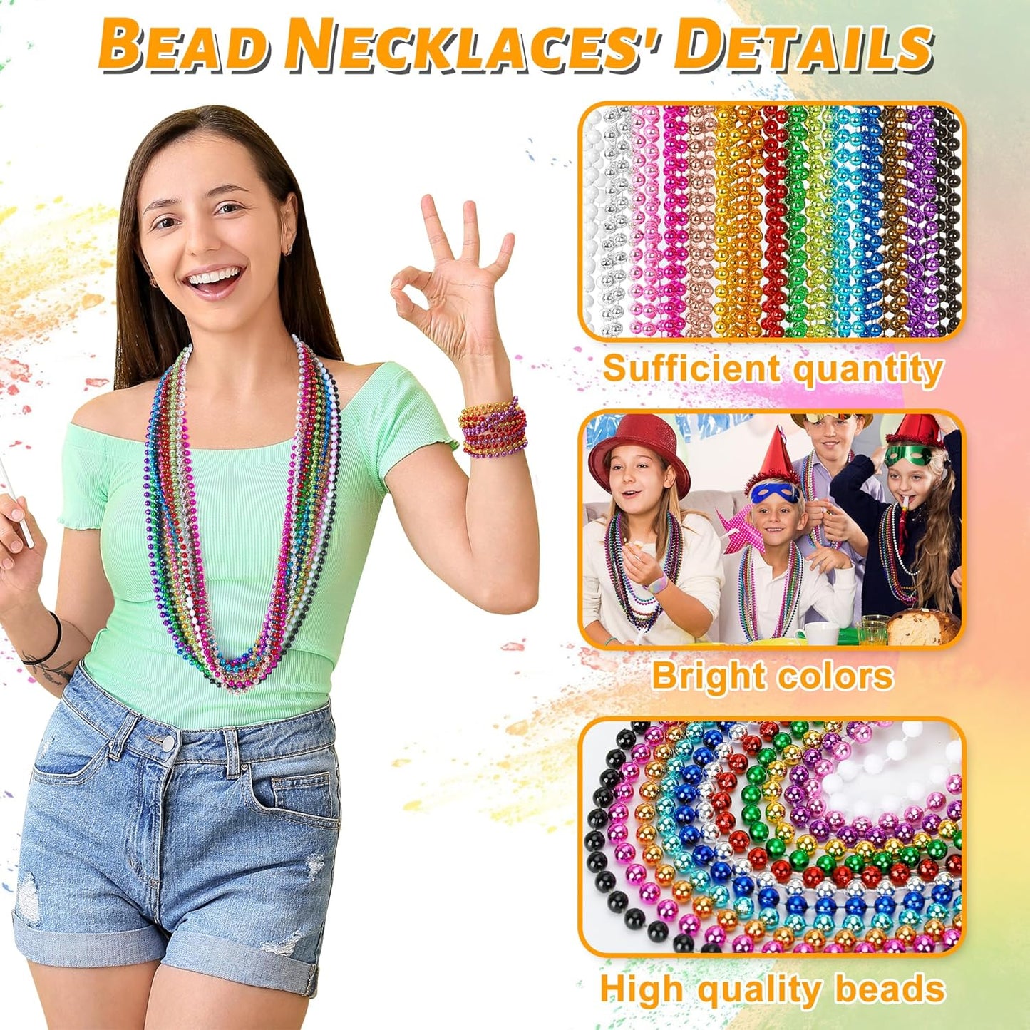 15PCS Mardi Gras Beads, Metallic 15 Kinds Beads Necklace Party Favors, 33" Colorful Mardi Gras Necklace Accessories Bulk, Festival Parade Throw Decorations for Wedding Birthday Celebrations