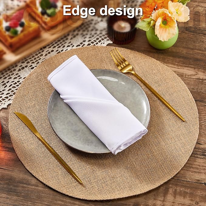 Yunlly Set of 48 Round Burlap Placemats Bulk Burlap Farmhouse Placemats Set Heat Resistant Table Mats Circle Jute Charger Place Mats for Wedding Holiday Dinner Rustic Table Decorations(15 in,Brown)