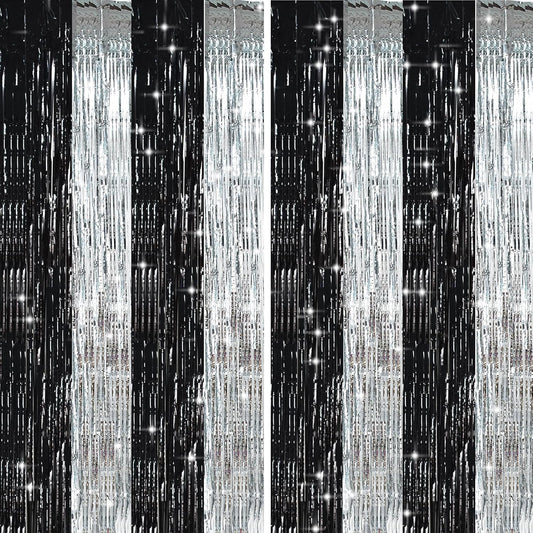 TONIFUL Silver Black Door Streamers,Silver and Black Photo Booth Backdrop Metallic Streamers Foil Fringe Curtain for Birthday,New Year,Graduation,Grad,Bachelorette Party Streamers Decoration