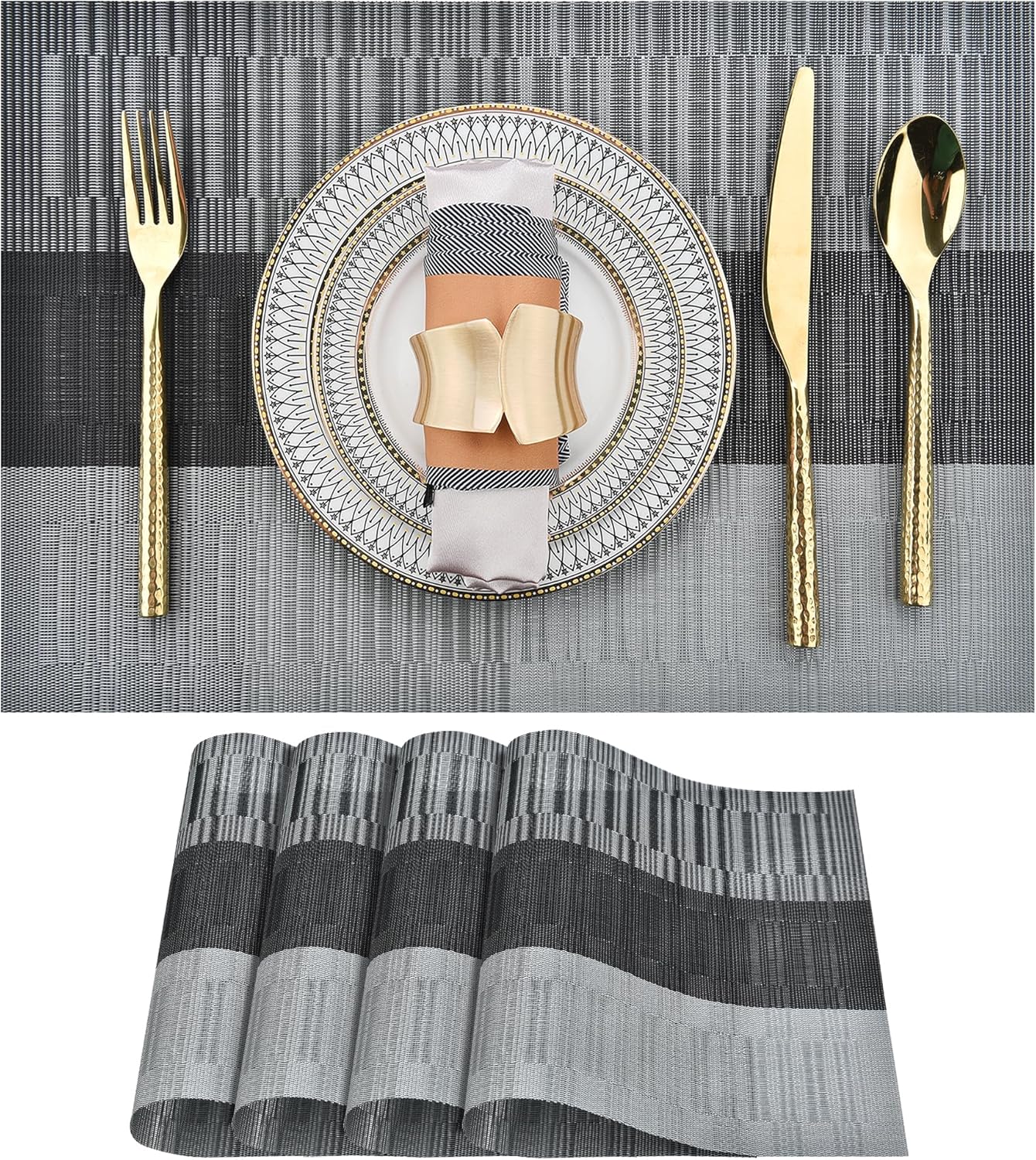 SLKQG Placemats Set of 4 - Washable Easy Clean Vinyl Placemats - Heat Resistant PVC Place Mats for Dining Table - (Black and Gray, 4)
