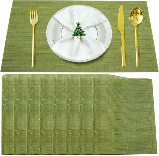 Placemats Set of 8,Washable,Heat and Stain Resistant Indoor/Outdoor Place mats,Vinyl Woven Non Slip Table Mats for Restaurant Table Protection,PVC Place mats(Green,8PCS)