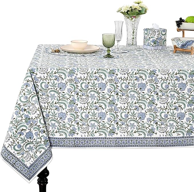 Ridhi Dark Columbia Blue, Turquoise Green 60x60 Inches Square 100% Cotton Hand Block Print Washable Decorative Spring Summer Parties/Wedding Use,Fall décor Farmhouse Dining Dinner Tablecloth`