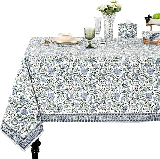 Ridhi Hand Block Print Columbia Blue Rectangle Cotton Tablecloth 120" x 80" Reusable Table Cover Decorative Everyday Use for Dining, Farmhouse, Home Gift for Spring, Easter, Valentine