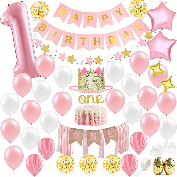 First Birthday Decorations for Girl | 1st Baby Girl Number 1 Balloon, Happy Birthday Banner, “One” Cake Topper, Star Garland, Marble Pink, Gold Confetti, Heart Balloons, Paper Tassels | PartyHooman