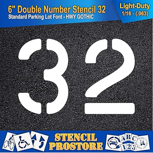 Pavement, Curb, and WheelStop Stencils - 6 inch Double Number Stencil - (32) - 6" x 9" x 1/16" (63 mil) - Light-Duty