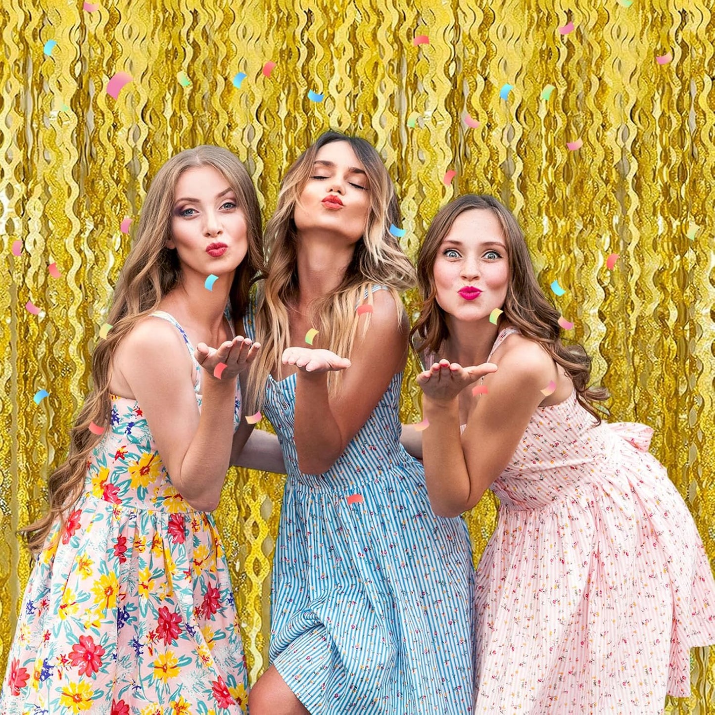 4 Pack Gold Fringe Curtain Backdrop 3.2Ft x 8.2Ft Metallic Tinsel Foil Fringe Streamers Background for Photo Booth, Easter, Mother's Day, Bachelorette, Wedding, Birthday Party Decoration
