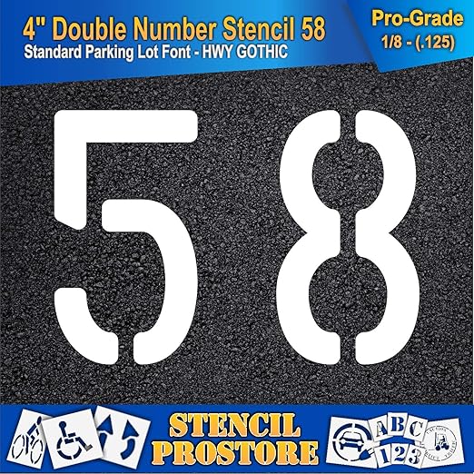 Pavement, Curb, and WheelStop Stencils - 4 inch Double Number Stencil - (58) - 4" x 5.5" x 1/8" (128 mil) - Pro-Grade