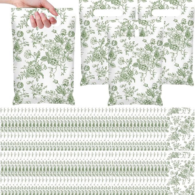 Supervitae 100 Pcs Plastic Green Gift Bags Flower Party Favor Bags Bulk with Handles for Birthdays Weddings Bridal Baby Showers Snacks Goodie Candy Treat Tea Party Supplies