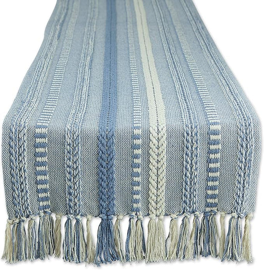 DII Farmhouse Braided Stripe Table Runner Collection, 15x72 (15x77, Fringe Included), Stonewash Blue