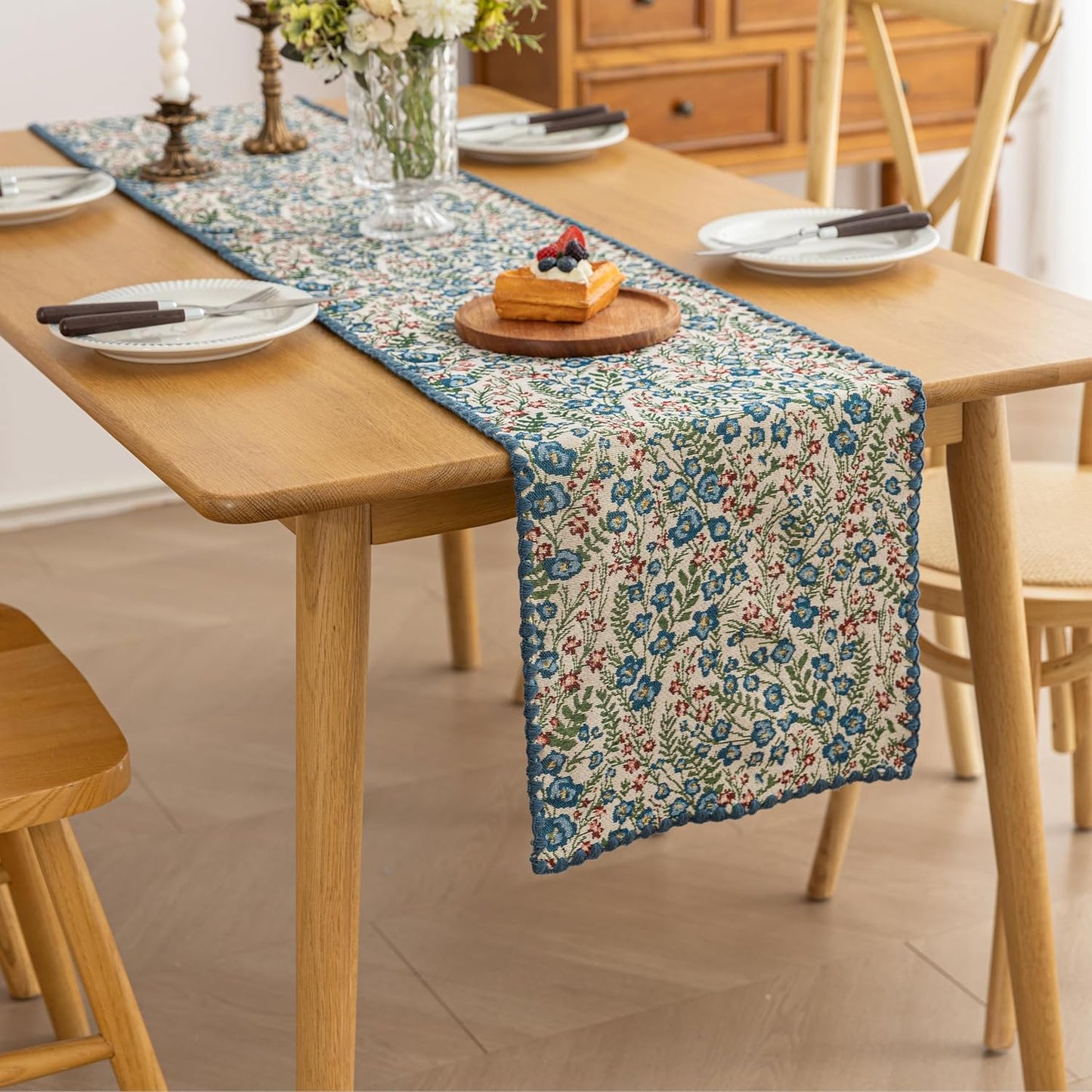 Boho Embroidery Table Runner, Flower Fall Kitchen Dining Table Decoration for Home Party Decor 13x72Inch