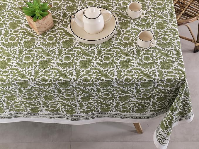Labhanshi Indian Handblock Print Pre-Washed Cotton Floral Table Cloth|Reusable Rectangle 72x108 Inch 8-Seater Dining Tablecloth|Spring Easter St. Patrick Decorative Table Cover|Moss Green Bird