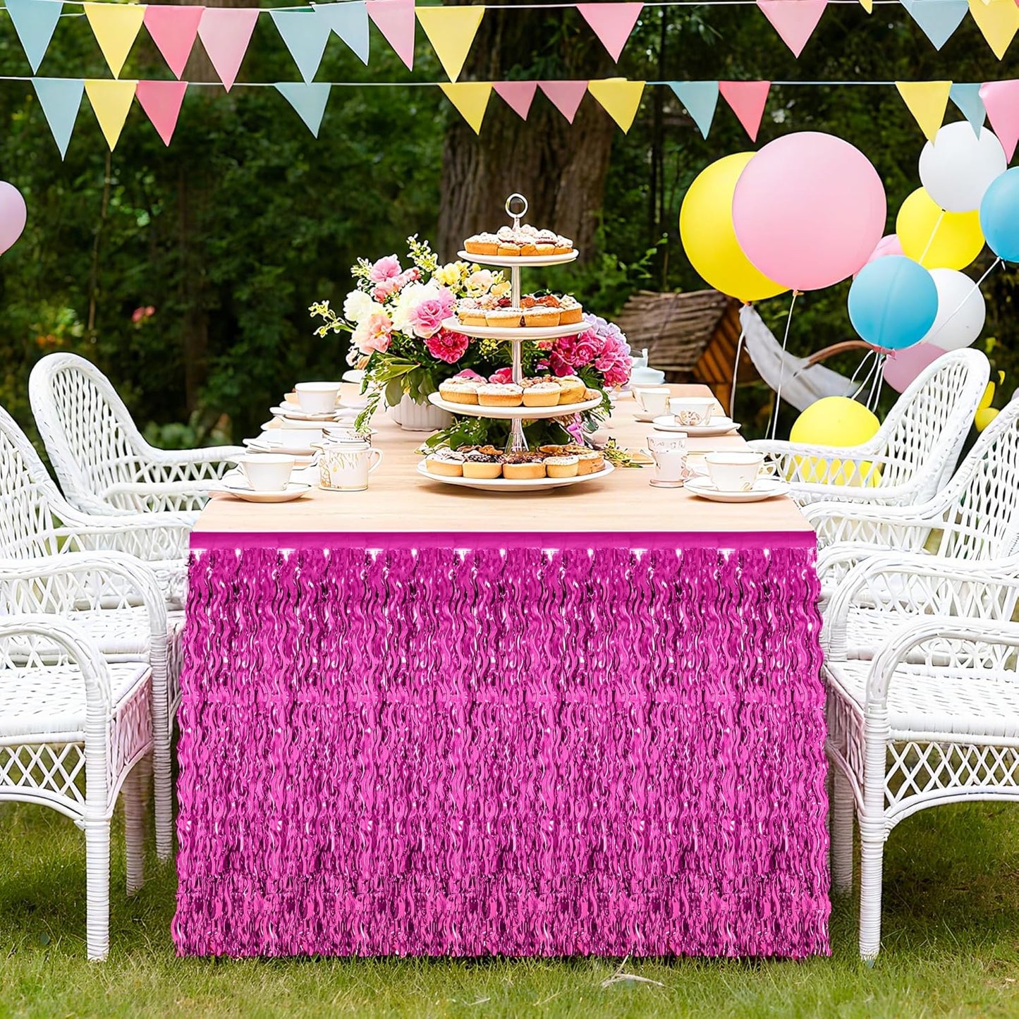 2 Pack Hot Pink Table Skirt Decor, Breast Cancer Awareness Decorations Foil Grass Skirt for Table, Metallic Wavy Tinsel Foil Fringe Table Skirts, Table Foil Skirts Wedding Birthday Valentines Party