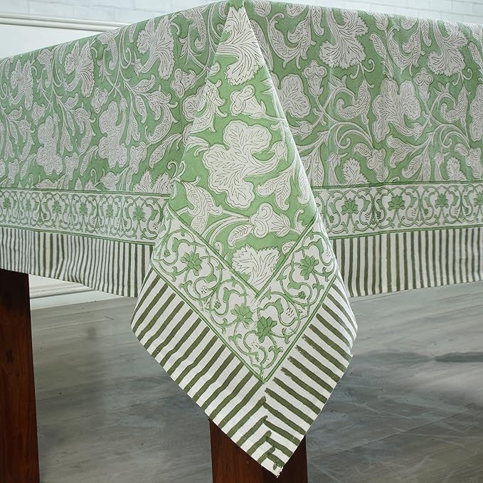 Ridhi - Hand Block Print Cotton Cloth Dinning Table Cover Wedding Farmhouse Thanks Giving Christmas Spring Tablecloth (Sage Green, 10 Seater 80x120 Inches)