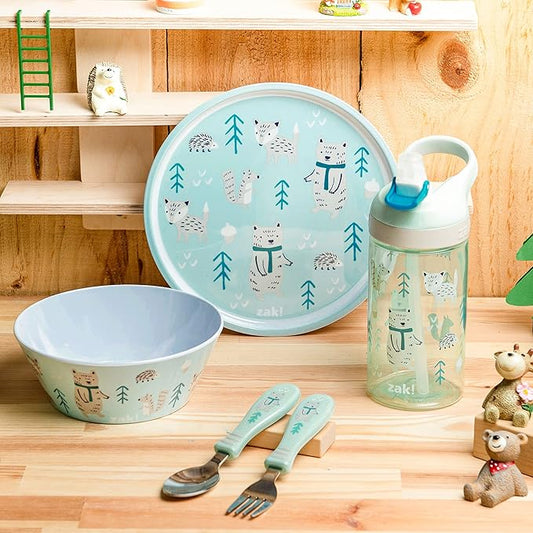 Zak Designs 5-Piece Dinnerware Set, Forest Friends - Durable Plastic & Stainless Steel - Includes Water Bottle, 8-Inch Plate, 6-Inch Bowl, Fork & Spoon - Suitable for Kids Ages 3+