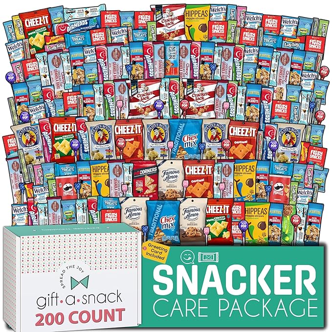Gift A Snack - Halloween Trick or Treats Snack Box Care Package Variety Pack + Greeting Card (200 Count) Birthday Sweet Treats Gift Basket, Candies Chips Crackers Bars, Office Food Assortments