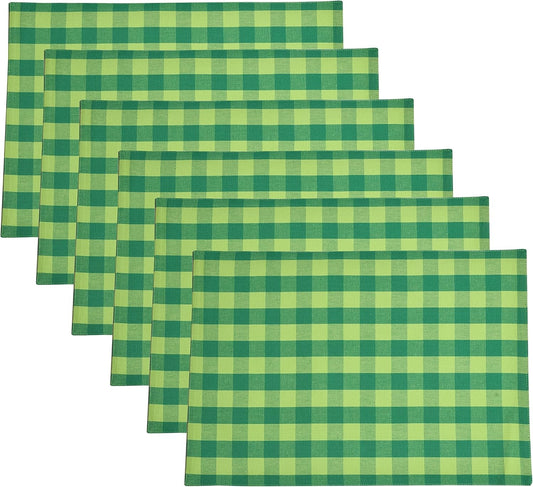 Urban Villa Green Checks Special 100% Cotton Fused Place Mats 14''x 20'' Over Sized Set of 6 Green Check Plaid Every Day Use Heavier Quality