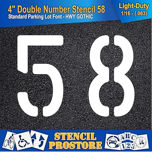 Pavement, Curb, and WheelStop Stencils - 4 inch Double Number Stencil - (58) - 4" x 5.5" x 1/16" (63 mil) - Light-Duty
