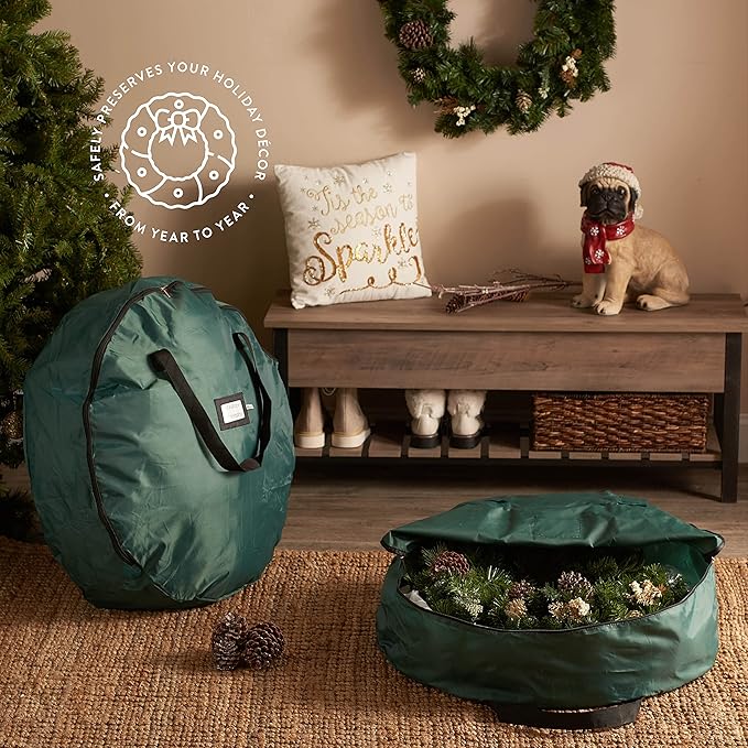 ZOBER 2 Pack Oxford Christmas Wreath Storage Container 36 Inch - Wreath Bag for Artificial Wreaths Box - Waterproof Fabric, Dual Zippered Wreaths Storage Bag With Strong Durable Handles - Green