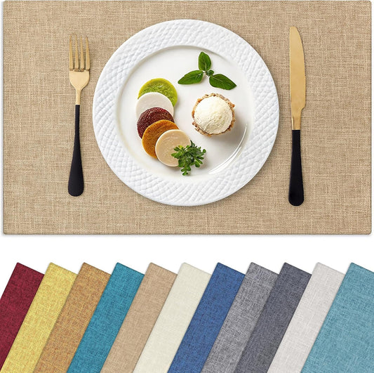 Homaxy Cloths Placemats for Dining Table Set of 12, Heat Resistant Washable Cotton Linen Blend Table Mats, Easy to Clean Place Mats for Indoor Outdoor Party Kitchen Decoration, 13" x 19", Flaxen