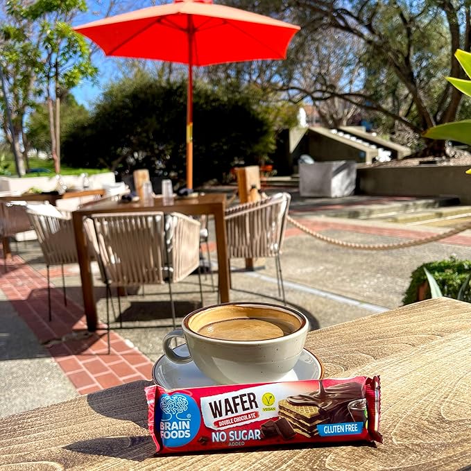 BRAIN FOODS Gluten Free Vegan Double Chocolate Wafers - 12 Bars, No Sugar Added, High Fiber, No Palm Oil, 1.4 oz, 170 Calories, Guilt Free Snack, Natural Chocolate Flavor