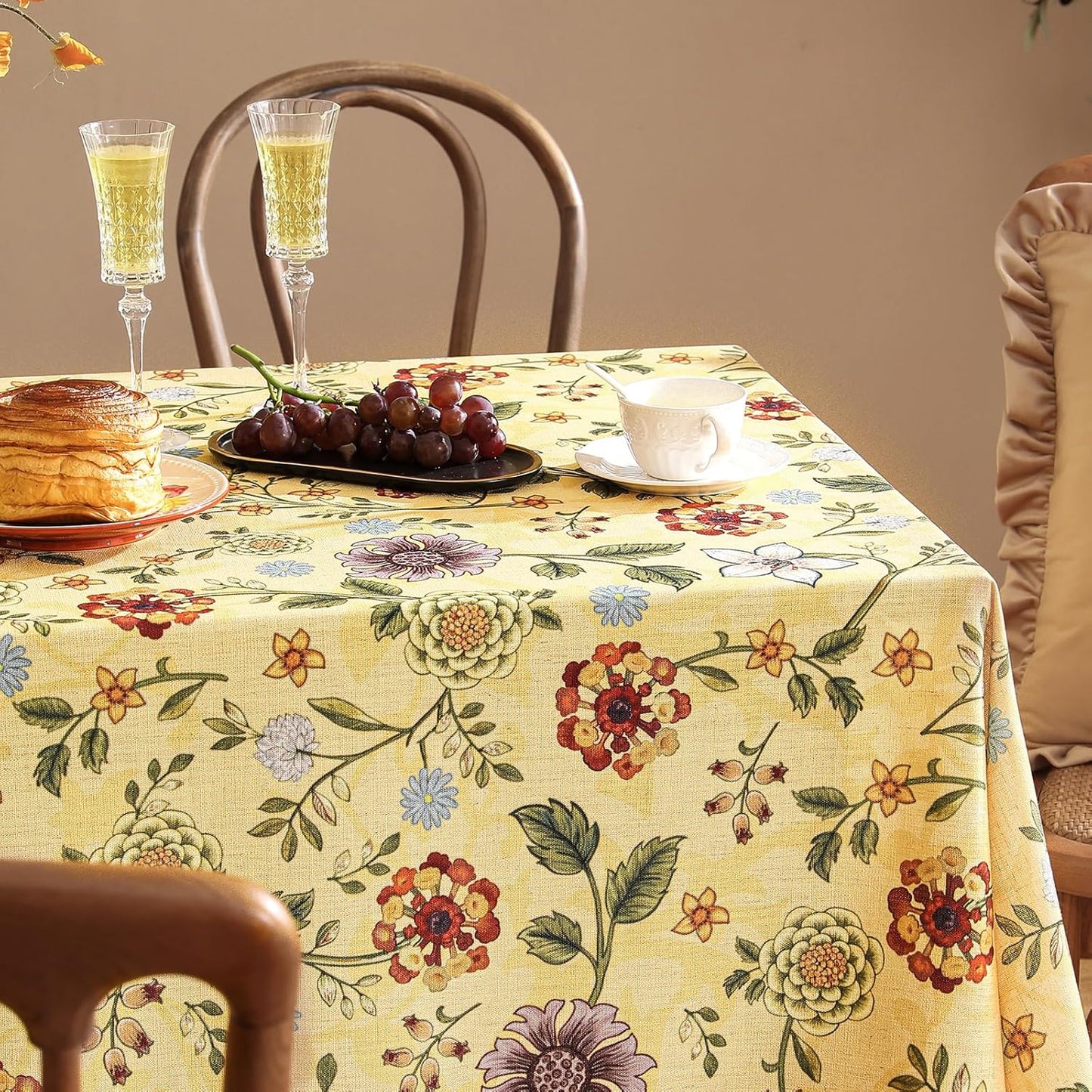Vintage Linen Tablecloth for Rectangle Table,Yellow Floral French Wrinkle Free Extra Long Tablecloths,Decor Table Cover for Kitchen,Dining,Thanksgiving,Christmas,67"*118"-Bellano