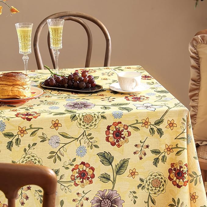 Vintage Linen Tablecloth for Rectangle Table,Yellow Floral French Wrinkle Free Long Tablecloths,Decorative Table Cover for Kitchen,Dining,Thanksgiving,Farmhouse,63" × 102"-Bellano