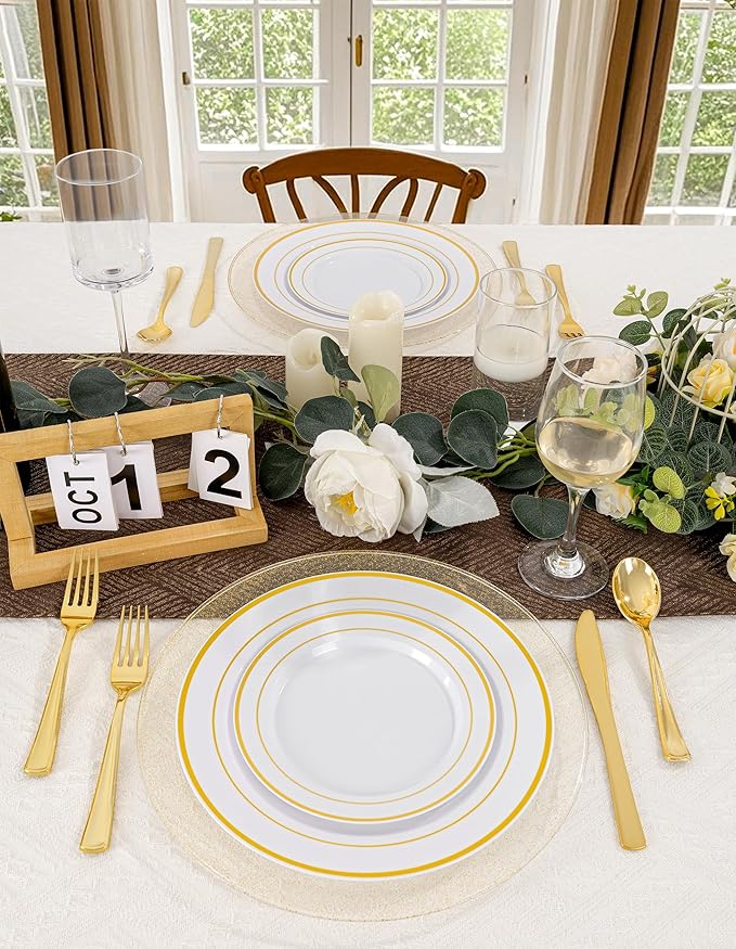 WDF 25PCS Glitter Gold Charger Plates - 12inch Gold Charge for Dinner - Plastic Chargers for Wedding Baby Shower Spring Birthday