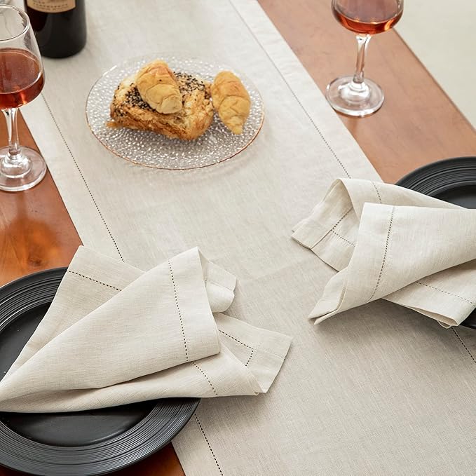 EVERLY Pure Linen Hemstitch Tablecloth,100% Stonewashed French Linen tablecloths for Kitchen Dining Rectangle Tables,60x108Inch Machine Washable Christmas Thanksgiving Organic Tablecloth-Natural Linen