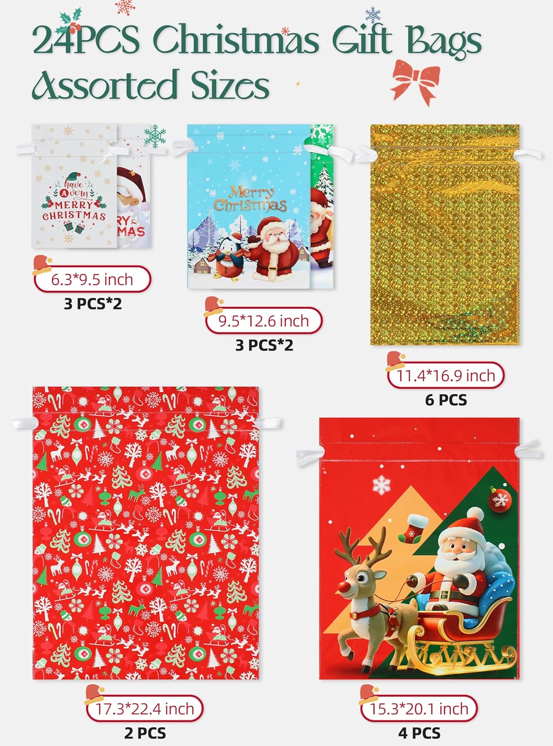 Christmas Gift Bags, 24pcs Drawstrings Christmas Gifts Bags Bulk Assorted Sizes, Reusable Plastic Xmas Presents Wrapping Holiday Goody Bag With Ribbon Ties&Tags, Extra Large/Big/Medium/Small Size