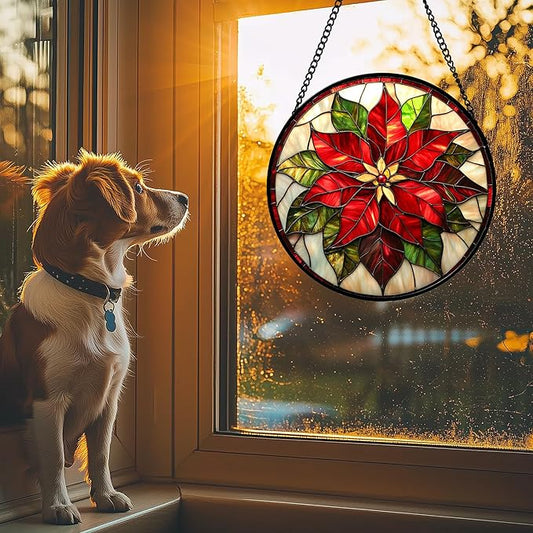 Stained Glass Window Hanging - Red Poinsettia Birth Flowers Suncatcher for Door Garden Yard Sun Catchers Decor Christmas Mother's Day Birthday Gifts for Women Mom Nana Teacher Friend 15 in