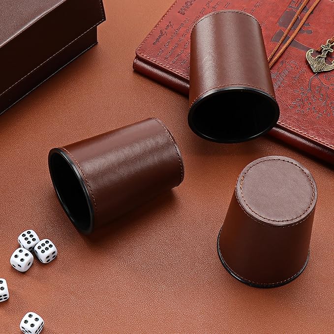 Leather Dice Cup Set, 5 Black Dice Cups + 25 Dices + Exclusive Storage and Transport Case Made of Faux Leather (10x Brown)
