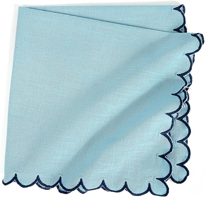 FINGERCRAFT Cloth Napkins, Everyday Use Scallop Design, Premium Quality Cotton Napkin Set of 6 Perfect for Parties Dinners Weddings Easter Napkin Cloth 20x20 inch Aqua/Navy