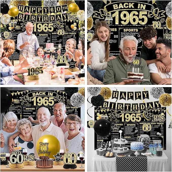 60th Birthday Decorations for Men, Black Gold Back In 1965 Birthday Banner Decorations, Vintage 60th Birthday Table Decorations, Cake Topper, Balloons, Backdrop, Sash Party Supplies for Men
