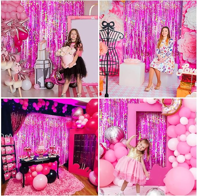 4 Packs Hot Pink Foil Fringe Curtain, Pink Glitter Metallic Tinsel Backdrop for Birthday, Wedding, Baby Shower, Bachelorette Cowgirl Princess Party Decorations Supplies